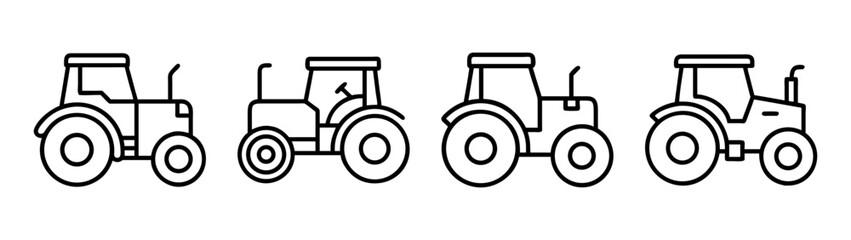 Agricultural farm tractor vehicle line art icons set concept design