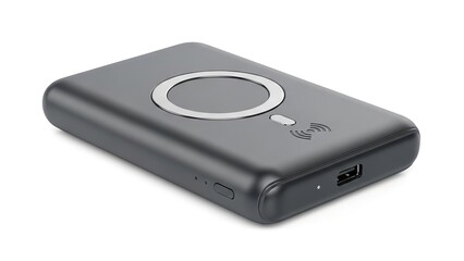 Fototapeta premium Black portable power bank with wireless charging isolated on white background