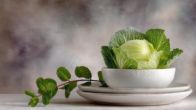   A white bowl brims with lettuce atop a white plate beside a verdant foliage