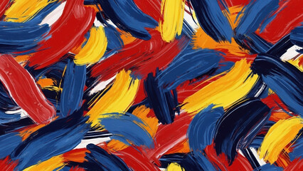 Vibrant abstract painting with dynamic brushstrokes in red, blue, and yellow hues