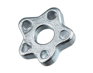 A close-up studio shot of a shiny, metallic, star-shaped fastening component