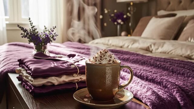 Hot chocolate mug with whipped cream and chocolate shavings rests on a wooden surface in a cozy bedroom. A stack of neatly folded linens and purple flowers create an inviting atmosphere