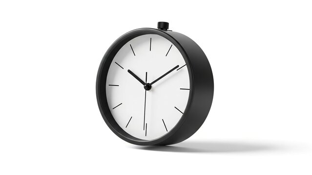 Black and white analog clock with short hour and long minute hands on 3d render isolated on white background