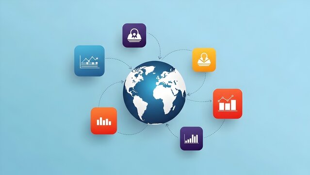 A blue and white globe surrounded by colorful data icons on a light blue background - Powered by Adobe