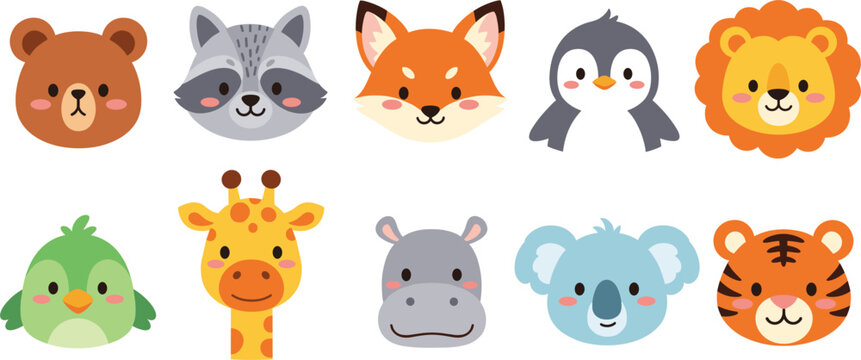 Cute Animal Face Icons Collection with Bear Fox Penguin Lion Tiger and Jungle Animals Flat Vector Set