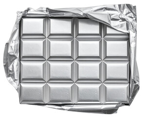 A rectangular bar of candy, with individual squares and partially unwrapped foil