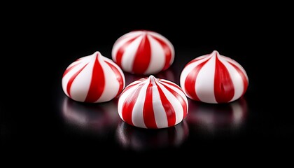 Fototapeta premium Three Red And White Peppermint Candies On A Black Background