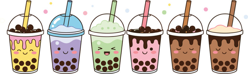 Cute Bubble Tea Drinks Set with Smiling Faces Isolated on White Background Kawaii Flat Vector Illustration