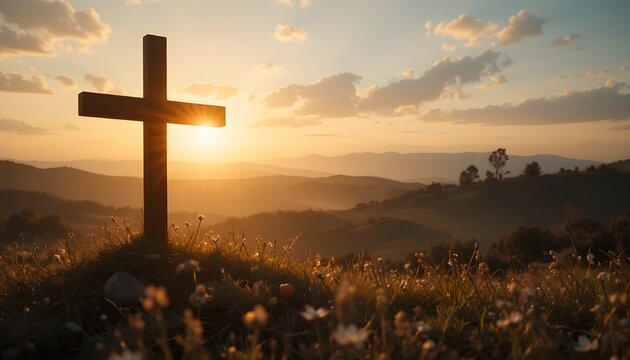 
Christian Easter concept with cross silhouette at sunrise, golden light rays, peaceful spiritual mood, symbolic and respectful composition, high resolution stock image
