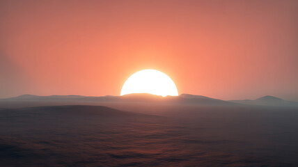 Vibrant orange sunset over desert landscape with rolling hills and mountains in the background, warm glow on the horizon, serene natural scenery