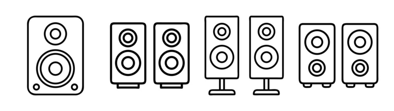 Audio speaker vector line icons set for music and sound system