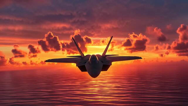 modern advanced f-35 fighter jet flying over water, stealth combat f-22 plane performing low-altitude flight over sea 4k
