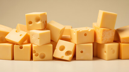 Obraz premium A pile of cubed cheese with holes on a plain background, perfect for food and dairy concepts