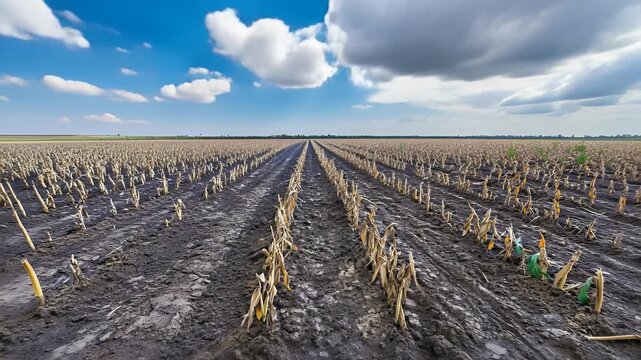 Dry field under bright sky, cracked soil with dead crops during drought, global warming and climate change concept 4k