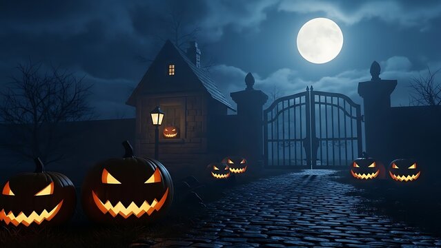 Spooky halloween night with glowing jack-o'-lanterns guiding the path to a haunted house under a full moon