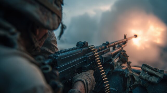 Operator Firing Heavy Machine Gun with Smoke and Brass Casing Mid-Air