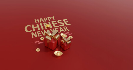 3D Happy Chinese New Year Red Luxury Background with Gold Gift Boxes and Traditional Symbols