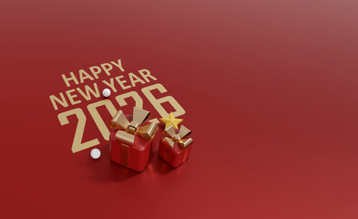 Happy New Year 2026 Red Luxury Background with Gift Boxes and Golden Decorations