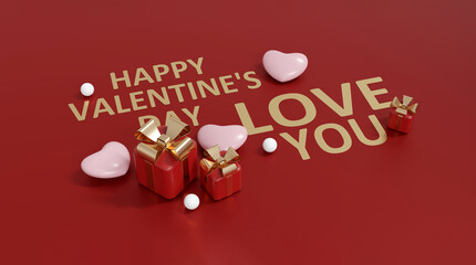 3D Happy Valentine's Day Love You typography with red gifts.