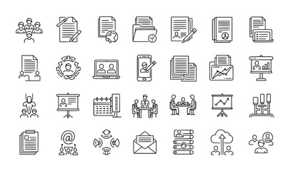 Office and business thin line editable icon set for mobile apps
