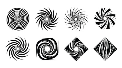 Abstract black and white spiral and geometric designs on a white background