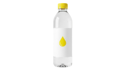 Clear plastic water bottle with yellow cap and drop isolated PNG, healthy hydration for sports and fitness on transparent background