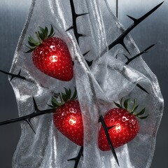 Symbolic Still Life: Red Strawberries, Black Thorns, and Silver Fabric, a Symbolic illustration for Shakespeare's tragedy Othello