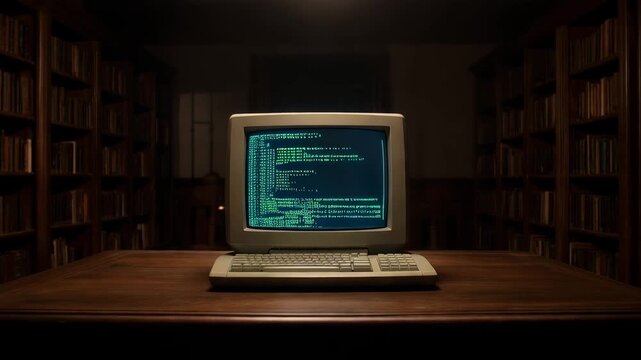 Lonely Retro Computer on Wooden Desk in Vintage Library Hall, Tall Bookshelves, Dim Lamp Light, Glowing Green Screen, Mysterious Atmosphere, High Quality Concept