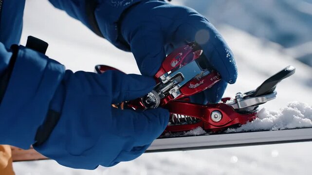 Person in blue gloves uses a red multi-tool to adjust a ski binding in snowy conditions, highlighting equipment maintenance during winter sports.