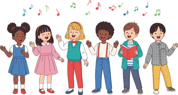 Happy Multicultural Children Singing Together with Music Notes, Kids Choir, School Activity Vector Illustration