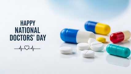 Happy National Doctors' Day greeting message with medical pills and capsules on white background