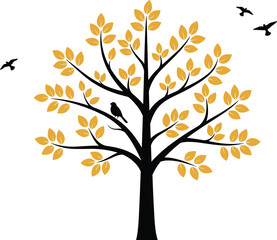 Obraz premium Minimalist black tree silhouette with golden yellow leaves and flying birds, elegant nature vector illustration for wall art and home decor,