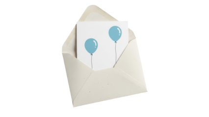 Envelope with blue balloons card isolated PNG, birthday party invitation template for greeting cards and graphic design projects