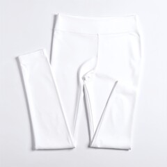A top view of a pair of sleek white leggings laid flat, showcasing their smooth fabric, elastic waistband, and subtle stitching details against a neutral background.