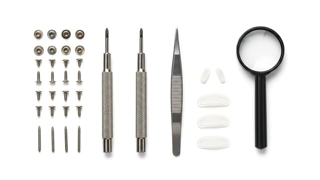 Detailed flat lay of assorted watchmaker's precision tools and small parts isolated on white background