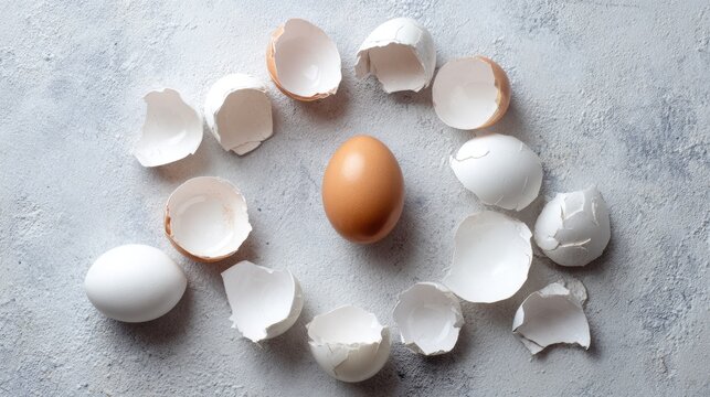 A brown egg surrounded by white eggshells on a gray surface. The scene highlights the contrast between whole and broken eggs.