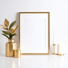 A rustic wooden picture frame with a family photo sits beside a flickering candle on a pristine white table, creating a warm, inviting atmosphere.