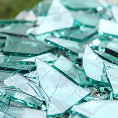A vibrant pile of shimmering green and white glass shards, reflecting light with a mix of smooth and jagged edges, creating an intriguing texture.