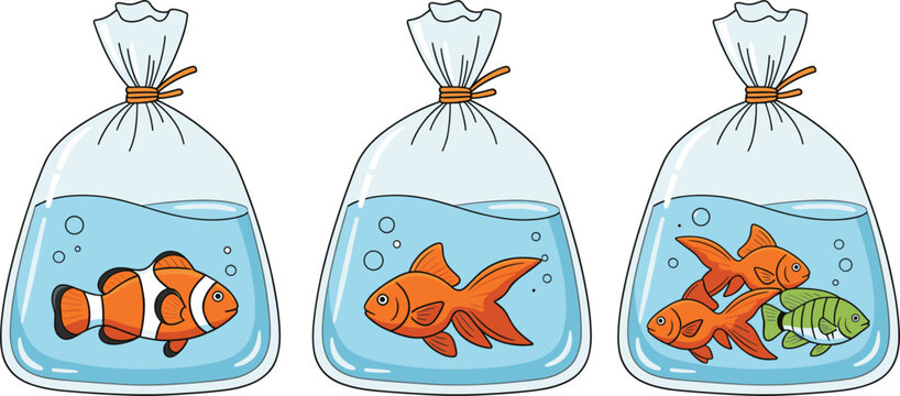 Set of Aquarium Fish in Plastic Bags Isolated on White Background Cute Flat Vector Illustration
