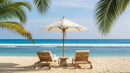 Obraz premium A serene tropical beach scene evokes the ultimate relaxation, featuring two empty beach chairs under an open umbrella, offering a tranquil vista of the sparkling turquoise ocean.