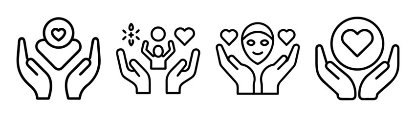 Care, love, well-being and support icons with hands holding hearts
