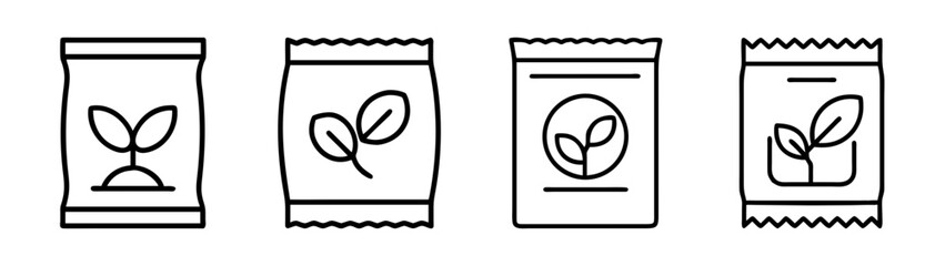 Gardening seed packets line art icon set, plant and growth symbols