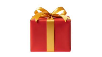 Red gift box with golden ribbon isolated PNG on transparent background, present for Christmas, birthday, or other special occasions