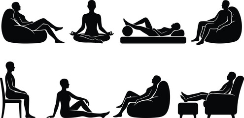 Black vector silhouettes of people relaxing on bean bags, meditating in lotus pose, and sitting comfortably in chairs for lifestyle design,
