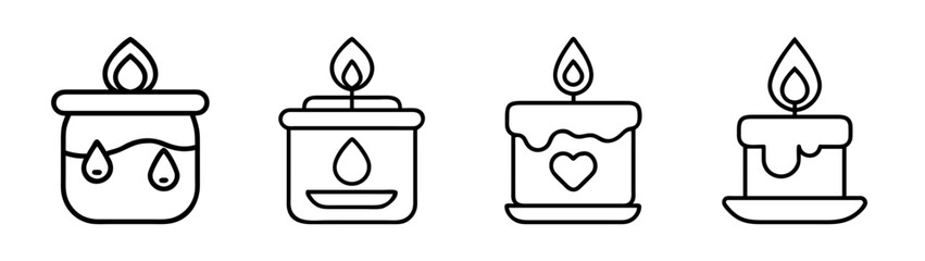 Minimalist vector line art set of four burning candle icons with flame