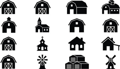 Black farm building icons set, including barns, silos, windmills, and rural houses, minimalist flat vector silhouettes for agriculture and countryside design, © Shihab Creative