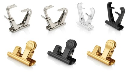 Eight metallic and plastic clips in various colors isolated on white background