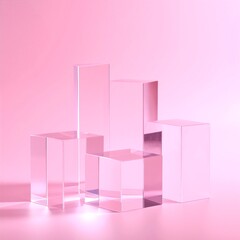 A soft pink background features three transparent glass blocks, each reflecting light beautifully, creating an elegant and modern aesthetic.
