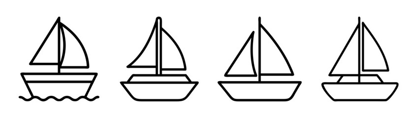 Set of sailboat line art icons: simple nautical vessel outline