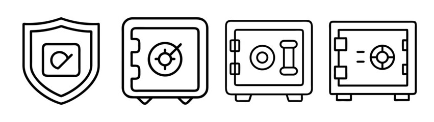 Digital data protection and financial strongbox outline icon set